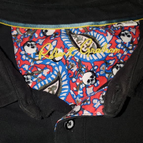 Robert Graham Men's Polo Golf Shirt XL Black With Skull Button Placket - Picture 2 of 6
